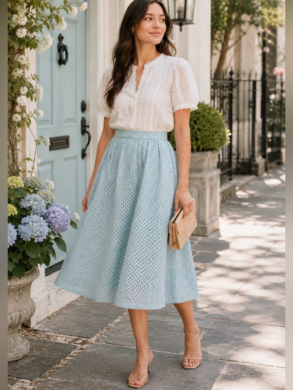 Asilio Revolve Sea Mist Eyelet Midi Skirt XS Embroidered A-Line